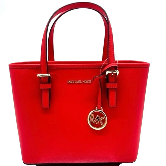Michael Kors Jet Set Travel Extra-Small Top Zip Tote Bag Red/Gold - Picture 1 of 9